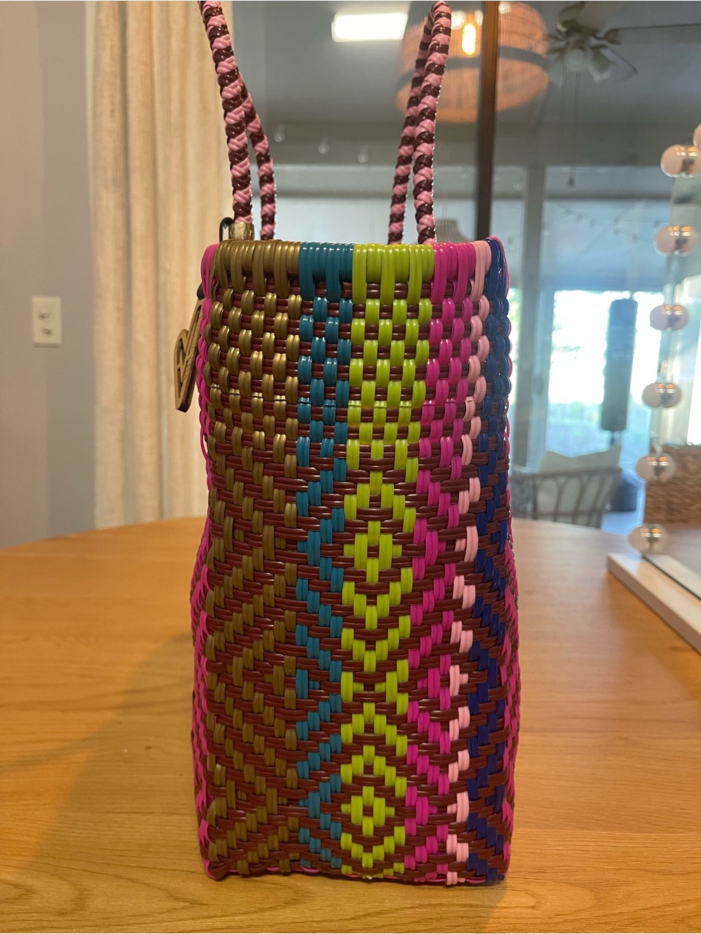 Handwoven Multicolor Tote Bag with Pink Handles - Picture 4 of 6